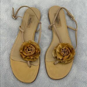 Valentino Tan Floral Toe-Loop Slingback Sandals
